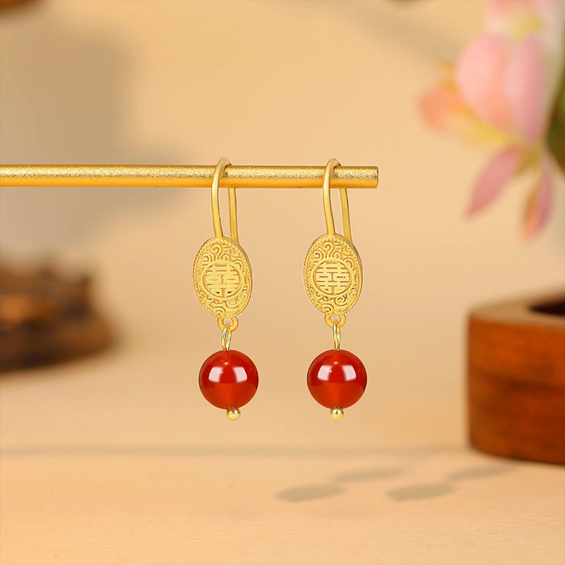 Gold Plated Jewelry - 天然赤翡翠ビーズイヤリングお守り本物のジュエリー高級チャーム 18K ゴールドメッキデザイナーお守りヴィンテージギフト女性のための