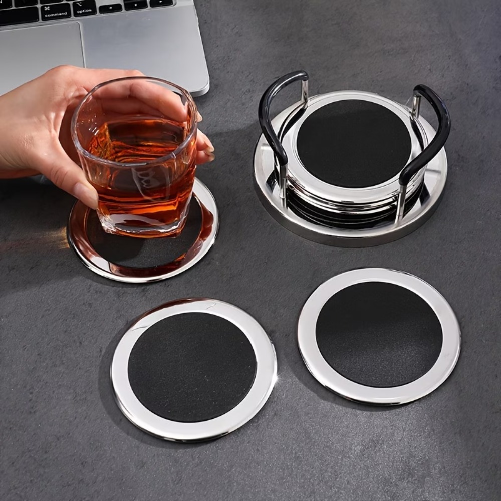Marble Coaster Set - 6 ピース/セットラウンドステンレス鋼コースターミニマリスト防水断熱カップマット厚みのある収納ラック付き滑り止めコースター