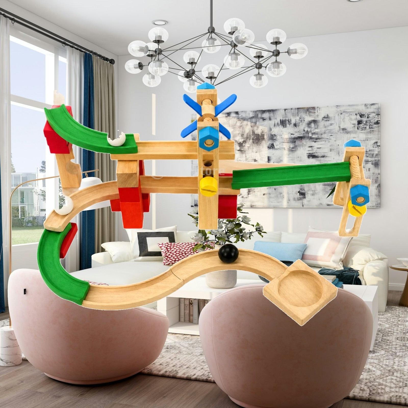 Marble Coaster Set - 子供向けの木製マーブルコース玩具セット。傾斜路や曲線レールが付いており、子供たちの知育玩具として最適。