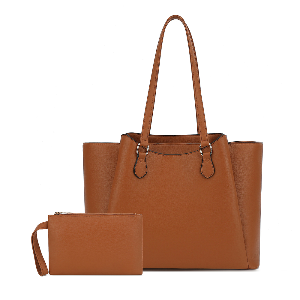 Leather Briefcase - 女性用トートバッグ、ポーチ付き大型PUレザーショルダーハンドバッグ、13.5インチのラップトップ用ワークトラベルショッパーバッグ、ブラウン、オフィス用