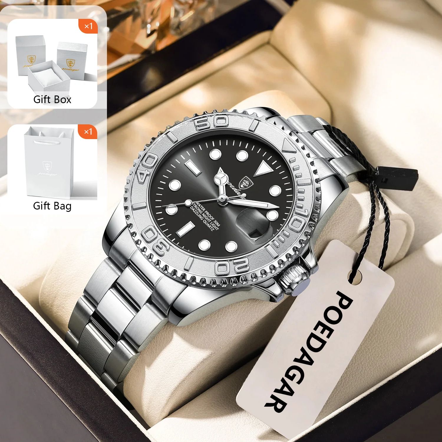 Luxury Watch Men - POEDAGAR トレンディなスポーツマンウォッチ発光防水ステンレス鋼日付メンズ腕時計高級ビジネスメンズクォーツ時計 + ボックス