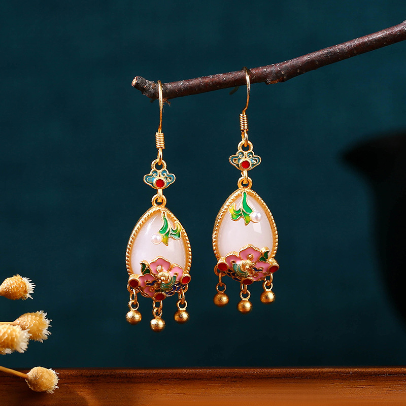Gold Plated Jewelry - 天然翡翠フラワーイヤリングチャームアミュレットデザイナーリアルジュエリーヴィンテージアクセサリー18Kゴールドメッキ女性へのギフト