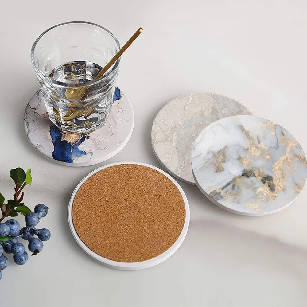 Marble Coaster Set - 白い大理石コースター 吸収性セラミックコースター コルクベース付き かわいいテーブルコースター ギフトカップ ストーンコースター