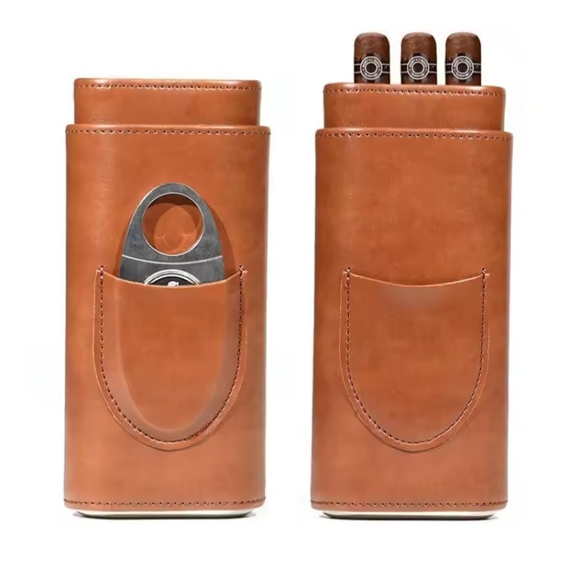 Premium Cigar Case - レザーシガーケース 3本用 シダーウッド裏地付き 高級葉巻アクセサリー