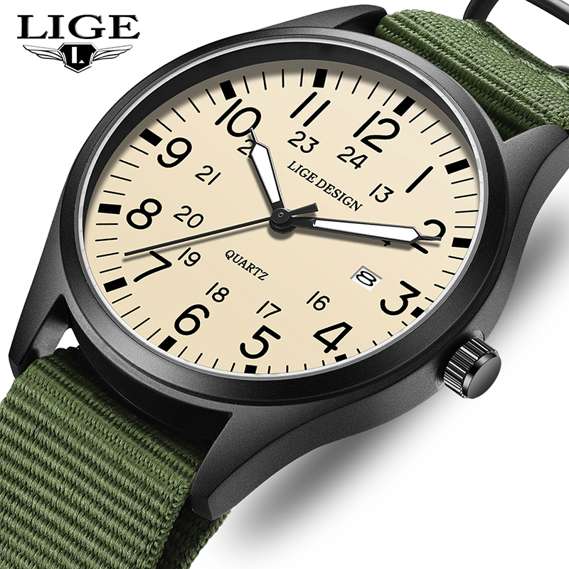 Luxury Watch Men - LIGE 2026 最新モデル、クォーツ式腕時計、アラビア数字表示、夜光塗料使用、緑色のナイロンバンド、高級感のあるレザーバンド、メンズ腕時計、メンズウォッチ、ボックス付き。