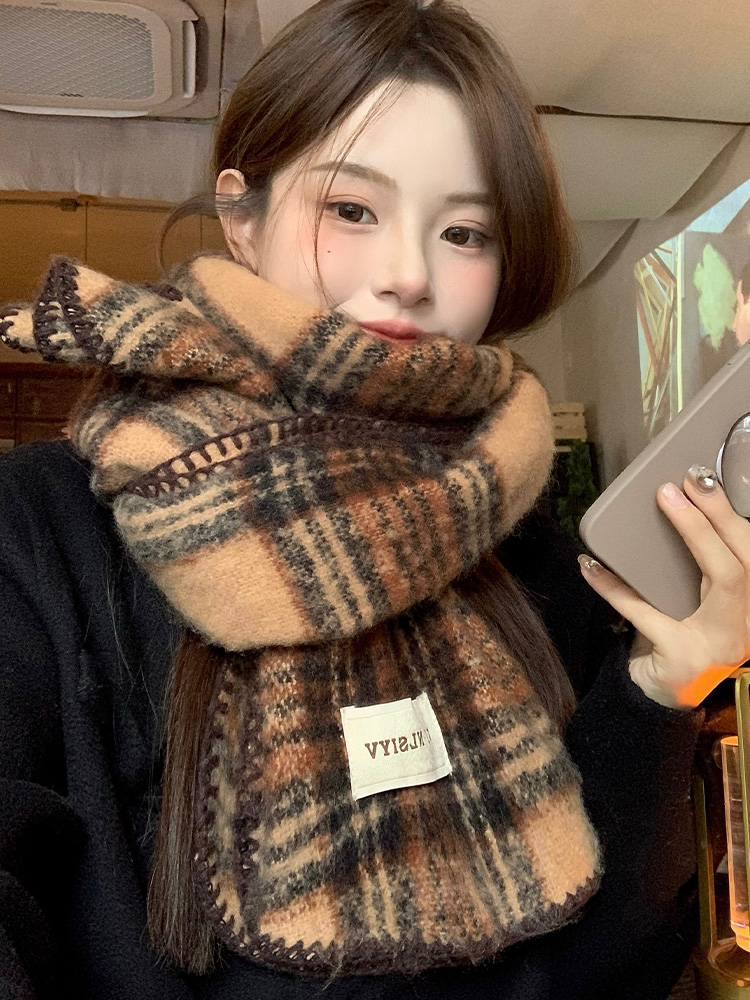 Cashmere Scarf - ブラウンチェック柄スカーフユニセックス冬暖かい首保護スカーフ韓国スタイル学生ユースカジュアルロング長方形スカーフ多機能