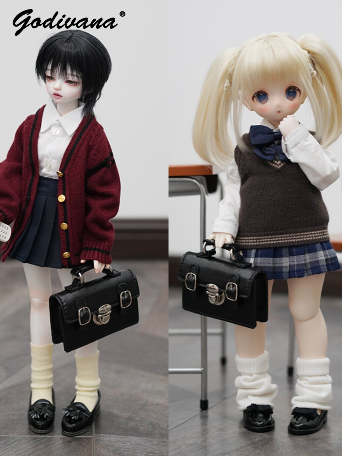 Leather Briefcase - 1/3、1/4サイズのBJDドール用、ヴィンテージ風プレッピースタイルのサッチェルバッグ。フェイクレザー製ハンドバッグ、金属製のバックル付き、ブリーフケース、通学用バッグ、BJDドール用アクセサリー。