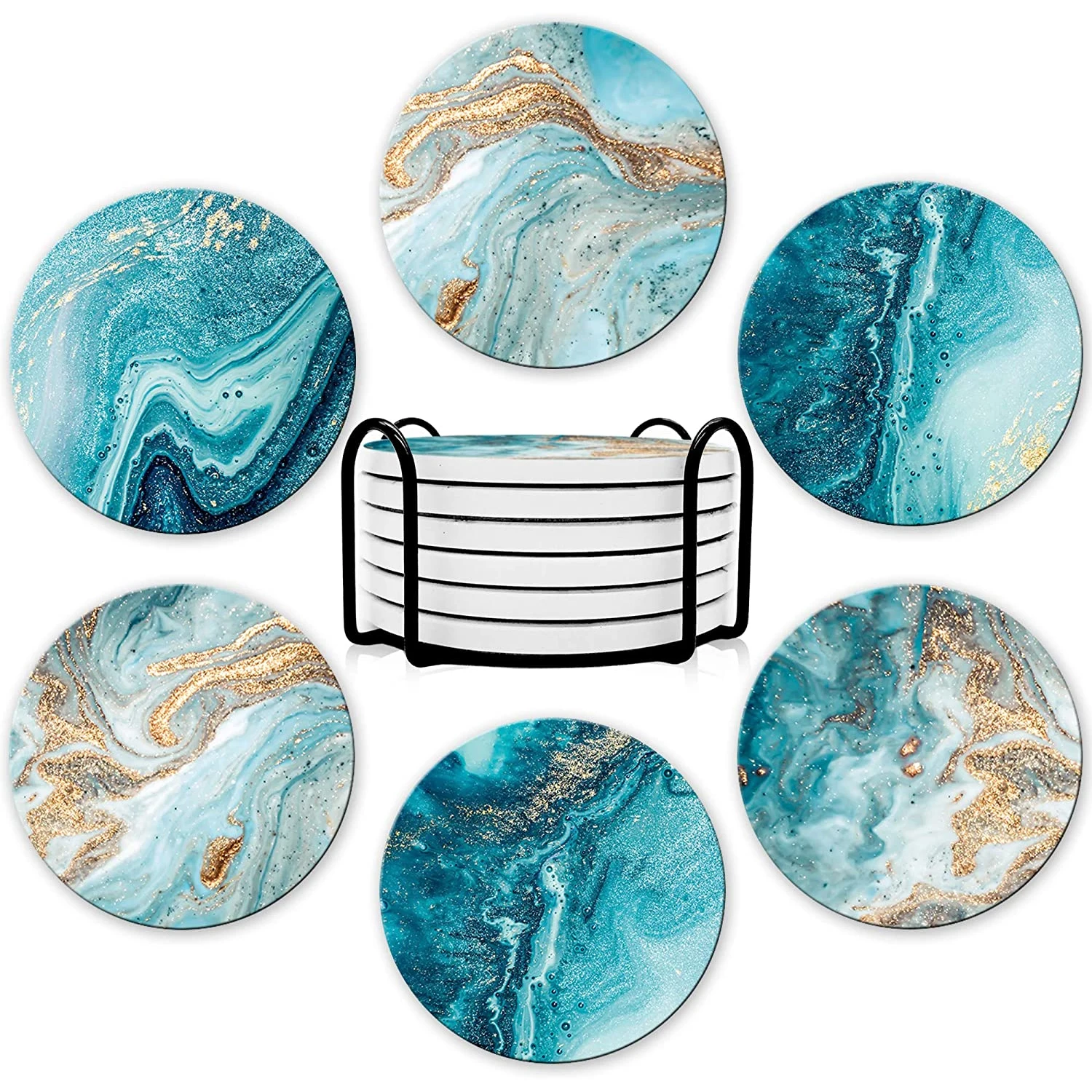 6個入り飲料コースターセット（ブラケット付き）、大理石風、セ - Marble Coaster Set のレビューと価格