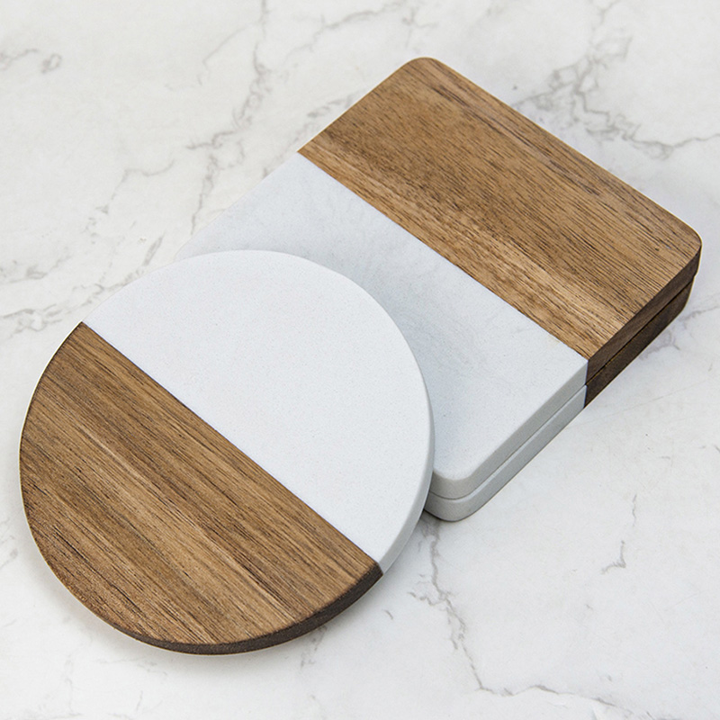 4個入り大理石風アカシア木製コースター、丸型と四角型のドリン - Marble Coaster Set のレビューと価格