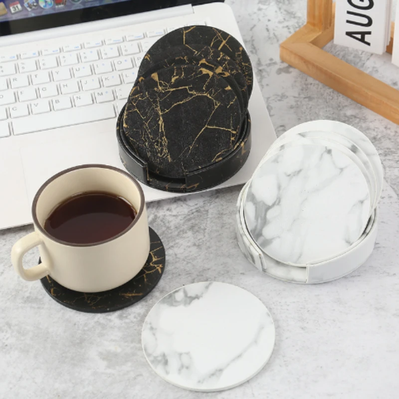 6 個大理石コースター人工皮革 10 センチメートル耐油性と - Marble Coaster Set のレビューと価格