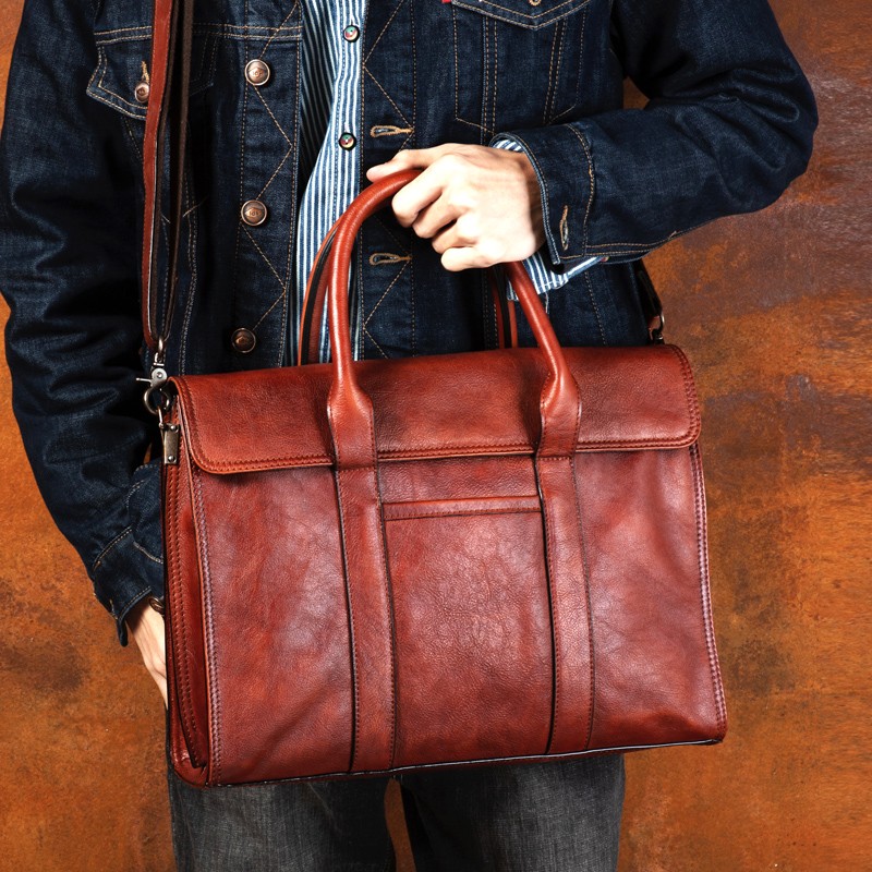 ベジタブルタンニンなめし革ハンドバッグメンズメッセンジャーバ - Leather Briefcase のレビューと価格