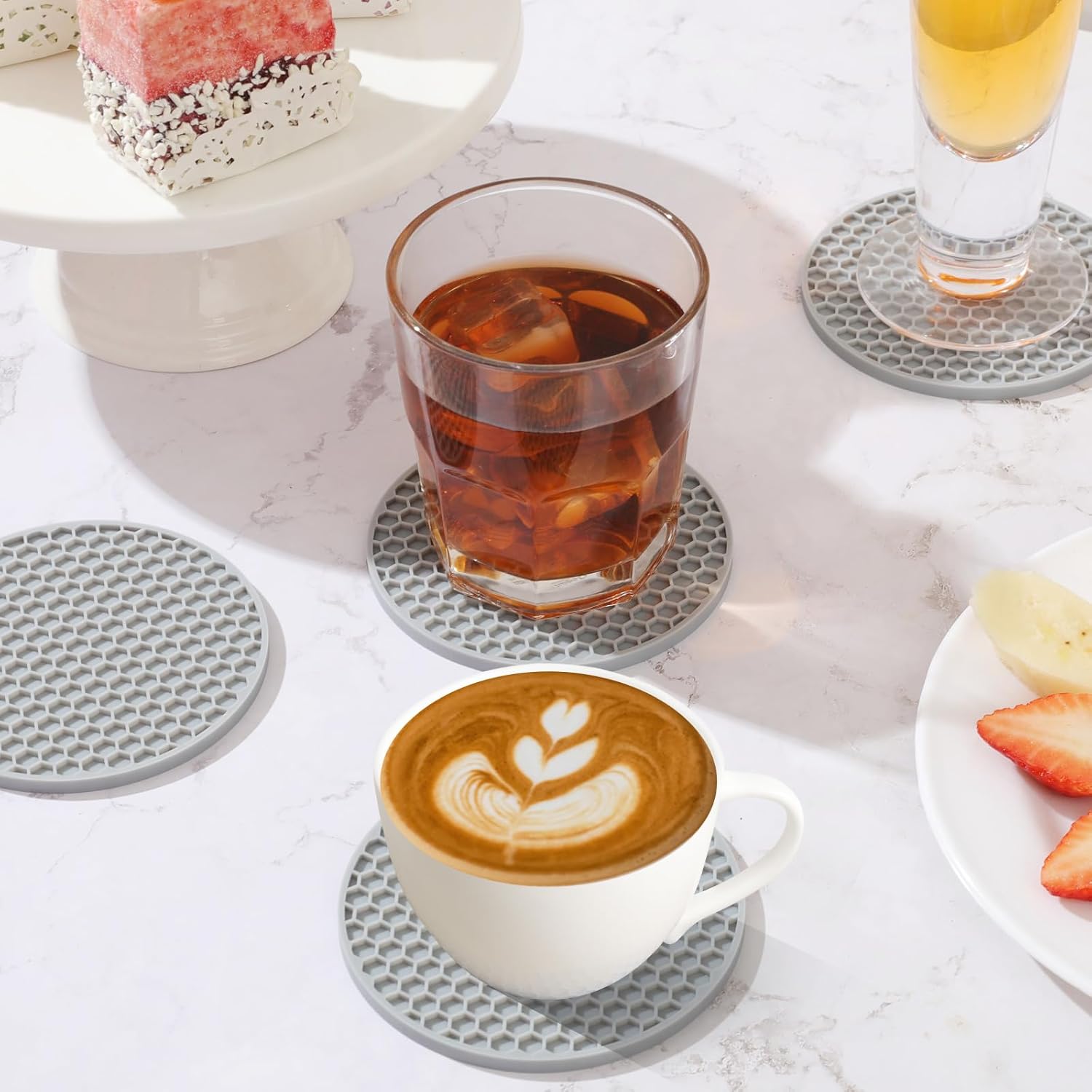 シリコンコースターセット ホルダー付き ドリンク、ビール、コ - Marble Coaster Set のレビューと価格