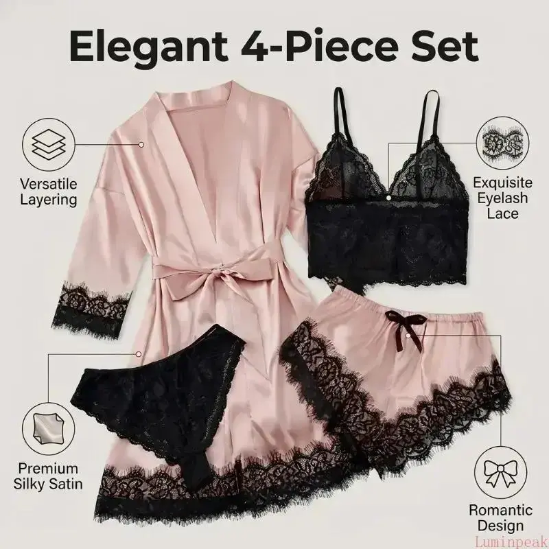 レディース サテンパジャマ4点セット - 半袖、セクシー、柔 - Luxury Gift Set のレビューと価格