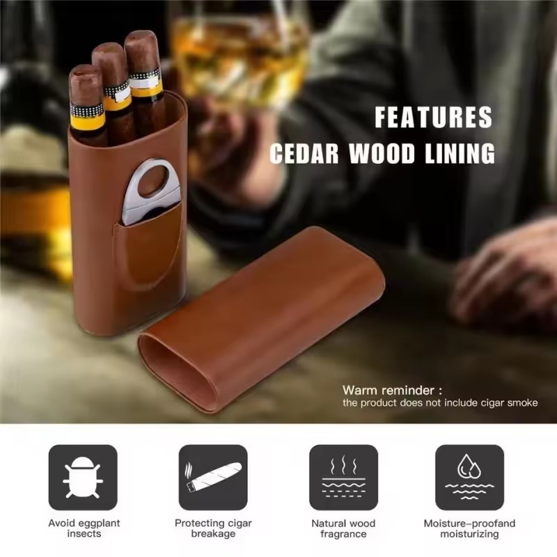 レザーシガーケース 3本用 シダーウッド裏地付き 高級葉巻ア - Premium Cigar Case のレビューと価格