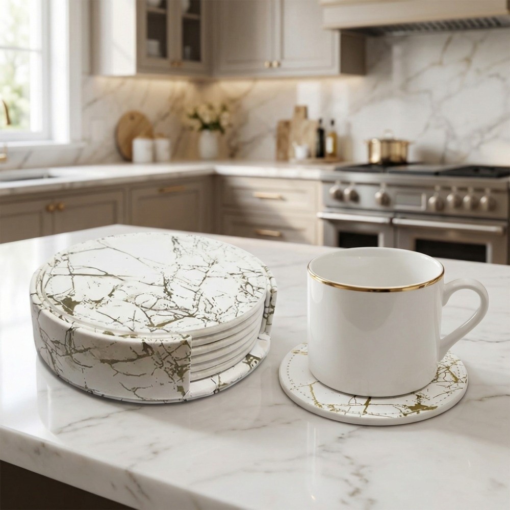 7 個コースターセット PU レザーコースターラウンド大理石 - Marble Coaster Set のレビューと価格