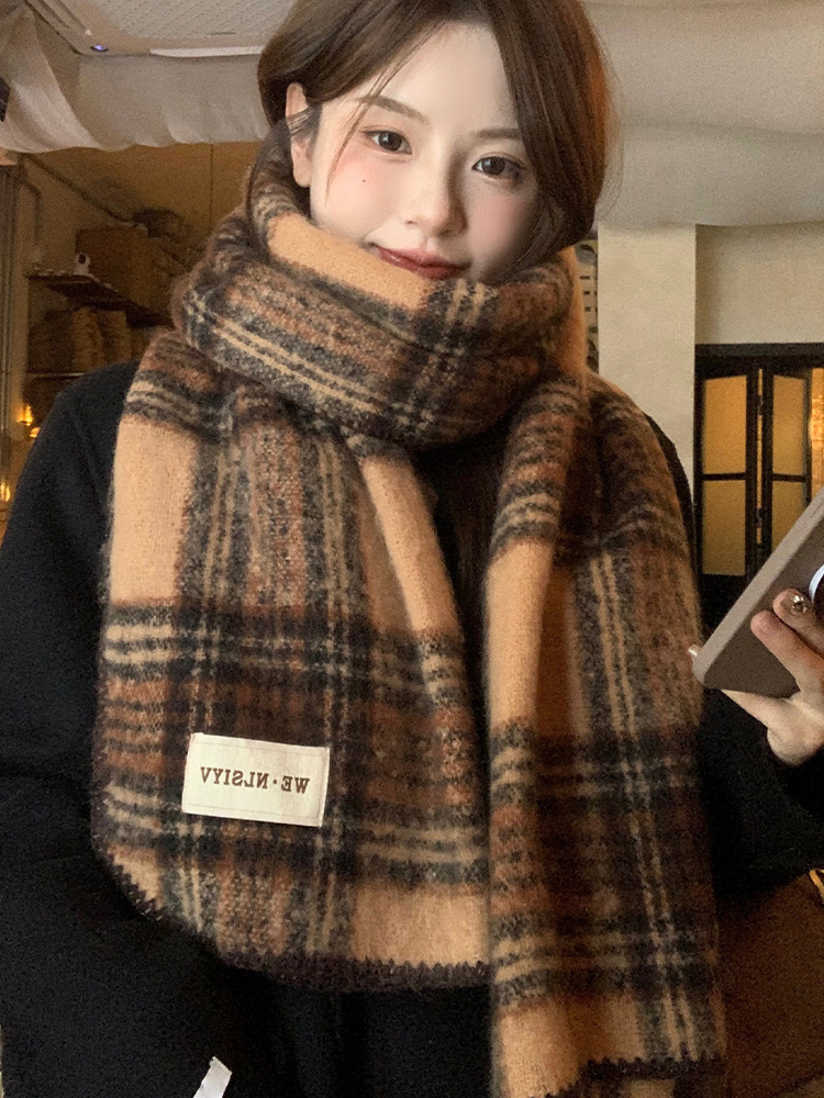 ブラウンチェック柄スカーフユニセックス冬暖かい首保護スカーフ - Cashmere Scarf のレビューと価格