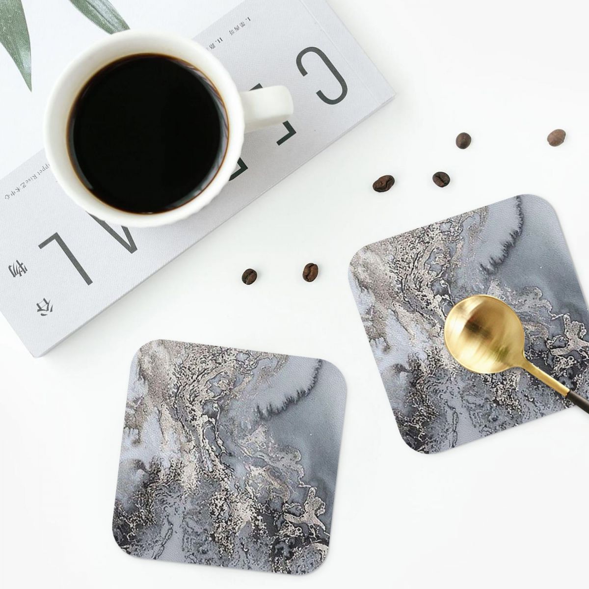 グレーとシルバーのマーブルコースター PVC レザー プレー - Marble Coaster Set のレビューと価格