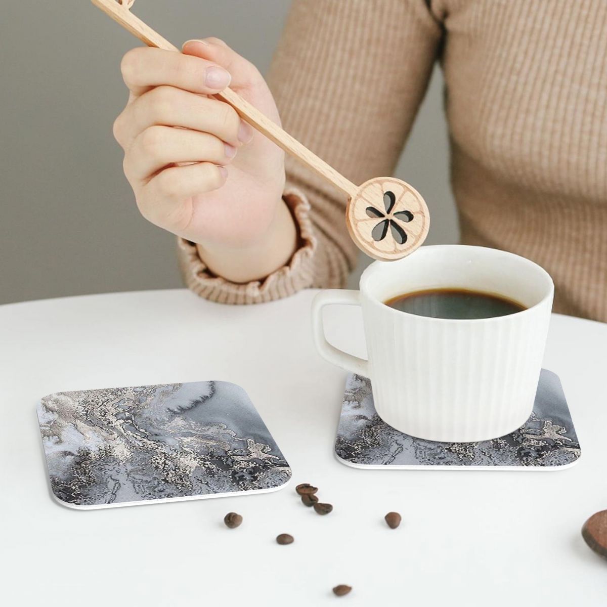 グレーとシルバーのマーブルコースター PVC レザー プレー - Marble Coaster Set のレビューと価格
