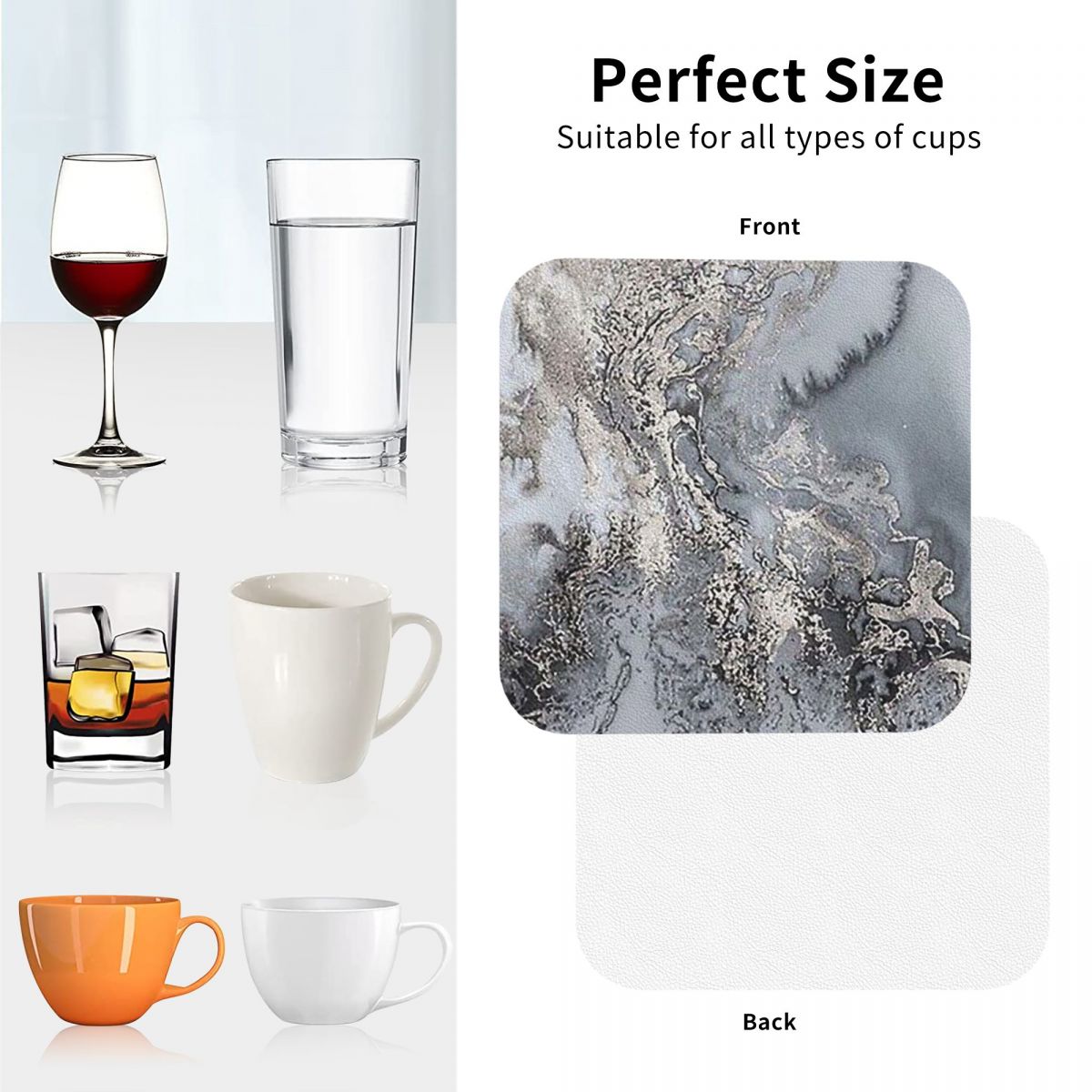 グレーとシルバーのマーブルコースター PVC レザー プレー - Marble Coaster Set のレビューと価格